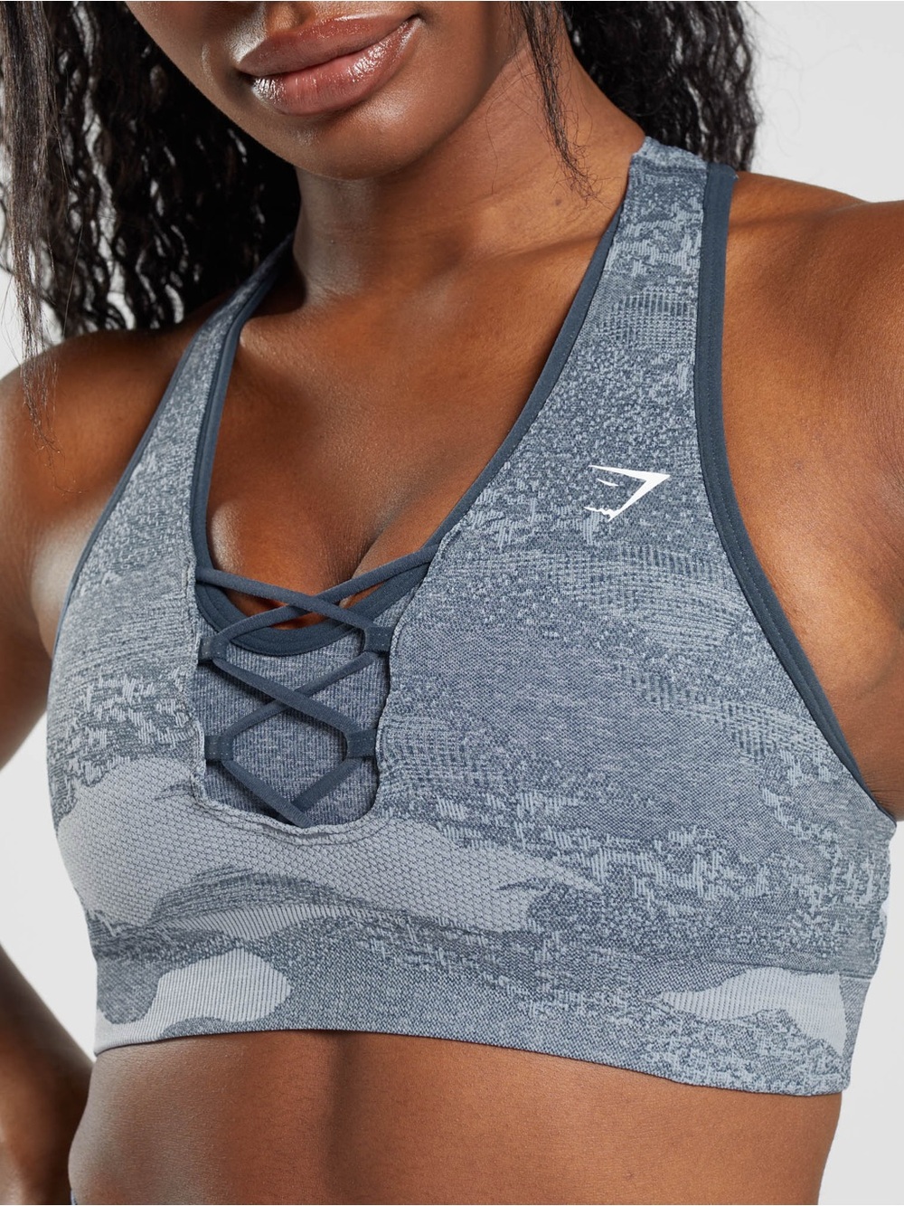 Gymshark Gray Blue Camo Lace-Up Seamless Sports Bra